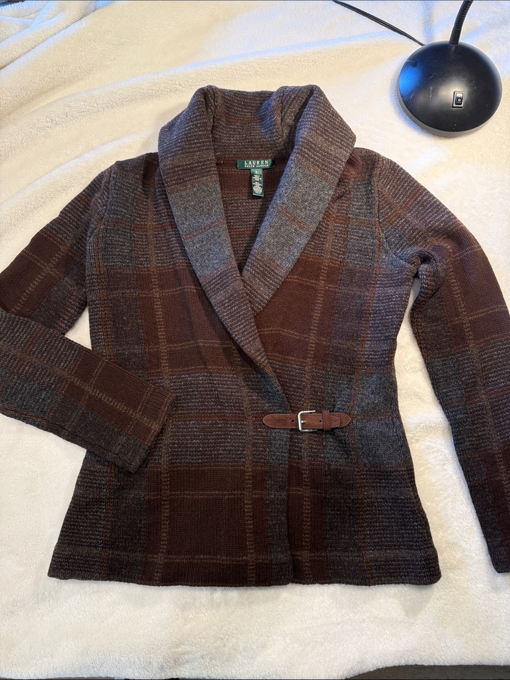 Lauren Ralph Lauren Brown & Gray Plaid Shawl Collar Lambswool Sweater w/suede